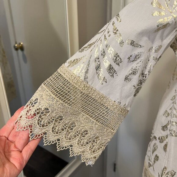 Alfani White and Gold Pintuck Metallic Lace Cotton Tunic Top, Size 2 - Picture 7 of 16